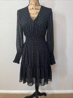 Taylor Black Dress with Gold Dot Accents, V-Neck Long Sleeve